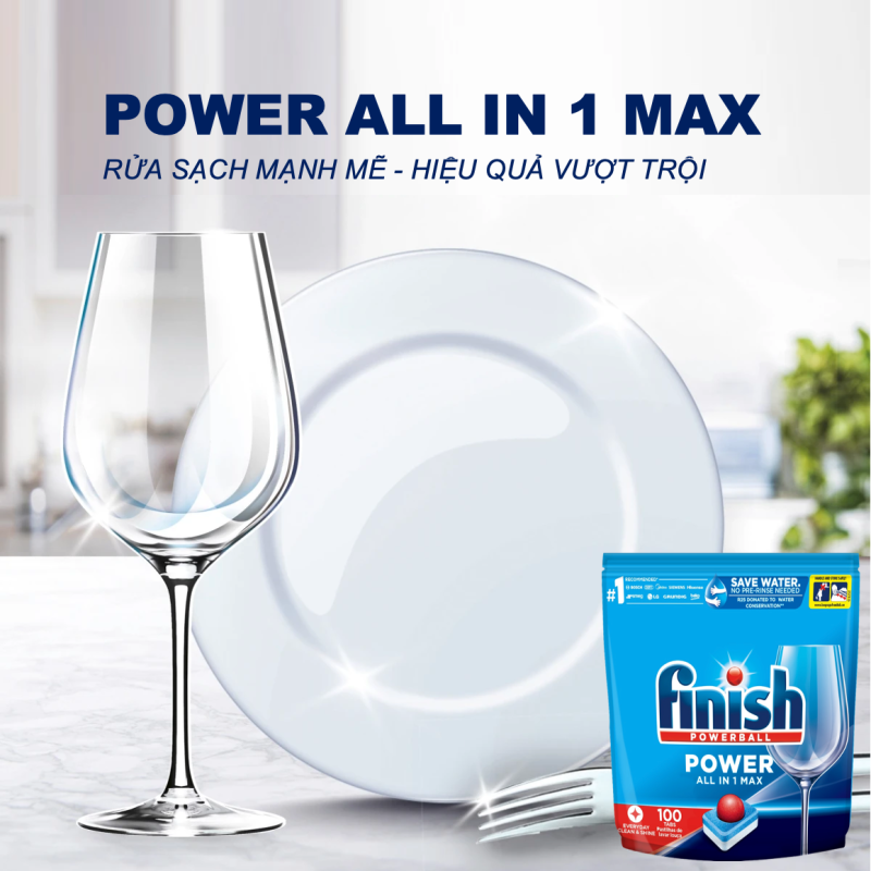 Túi 110 viên Finish All in 1 Max 2025, 10 tính năng, dành cho máy rửa chén 9-13 bộ, làm sạch hiệu quả